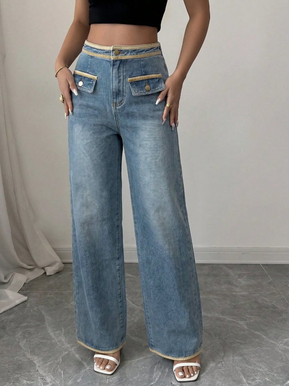 Blue Casual Women's Straight Leg Loose Denim Jeans With Button Design - Picture 3 of 5